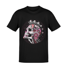 Playera negra con diseño de cráneo mexica inspirado en arte prehispánico tribal mexicano