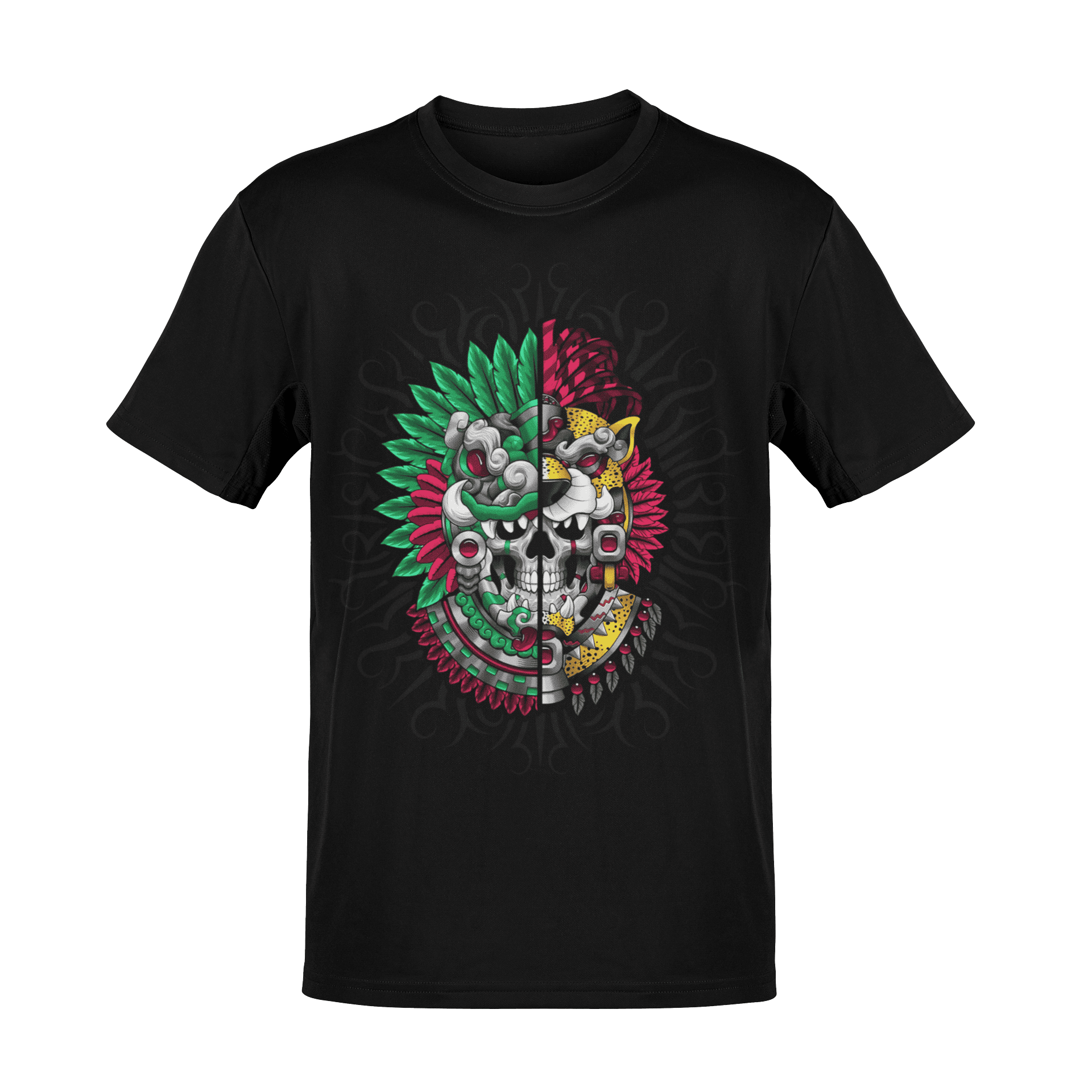 Playera negra con diseño mexica mitad guerrero mitad jaguar en colores verde y rojo