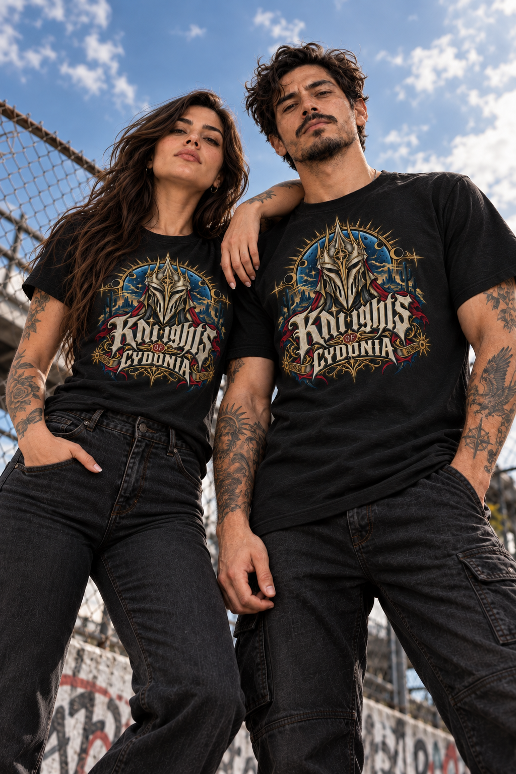 Hombre y mujer usando playeras Knights of Cydonia en fotografía lifestyle urbana de Cultura Wear