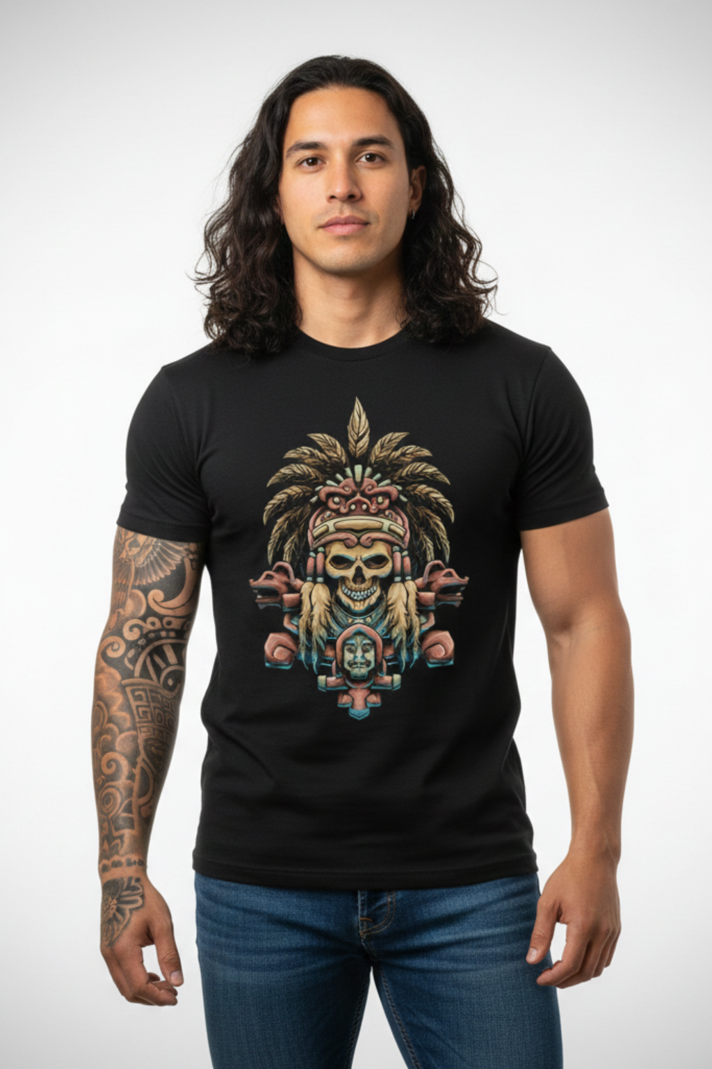 Playera negra con diseño tribal prehispánico de cráneo ceremonial Cultura Wear