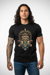 Playera negra con diseño tribal prehispánico de cráneo ceremonial Cultura Wear