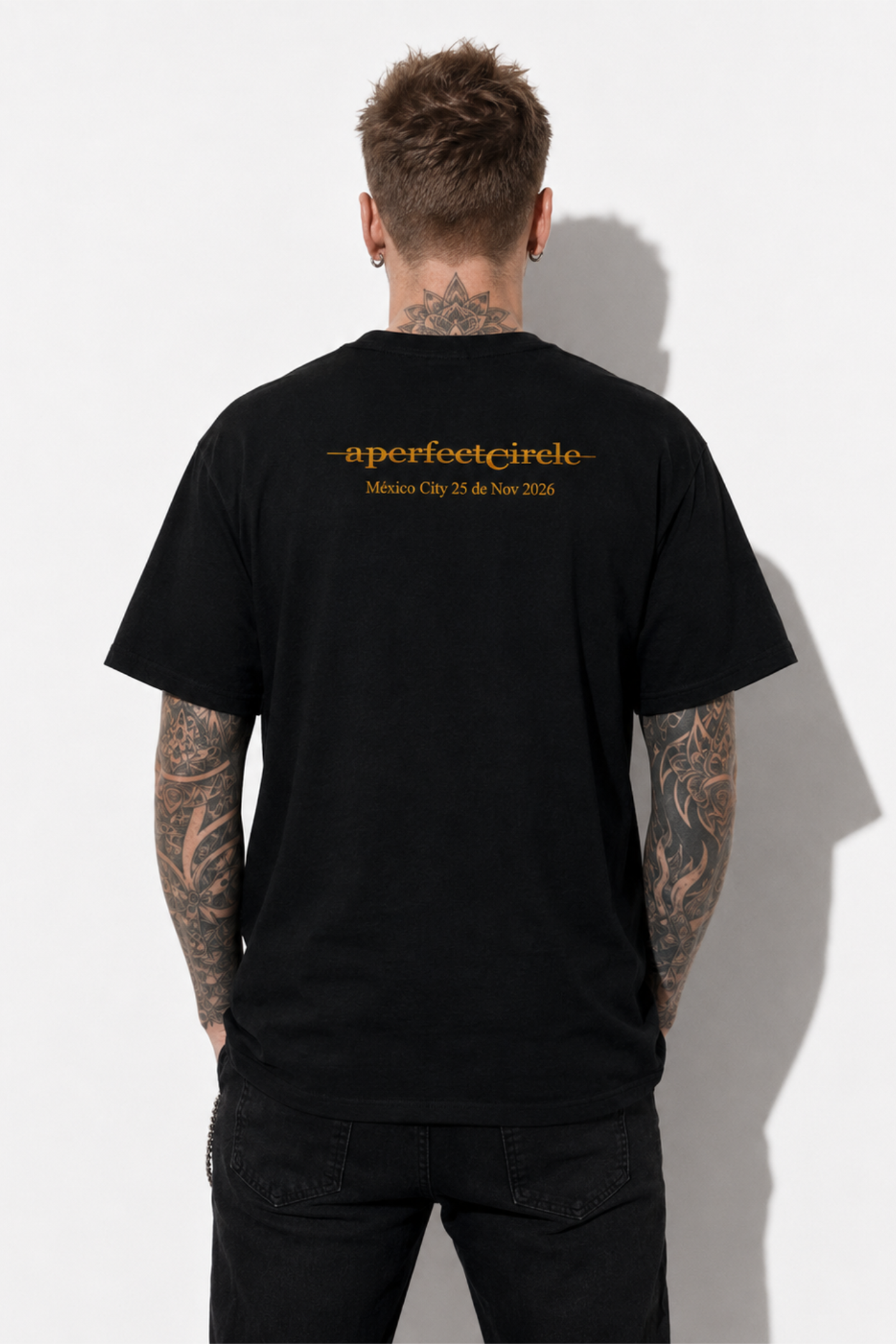 Espalda de playera negra con el logo de A Perfect Circle y fecha México City 25 de Nov 2026.