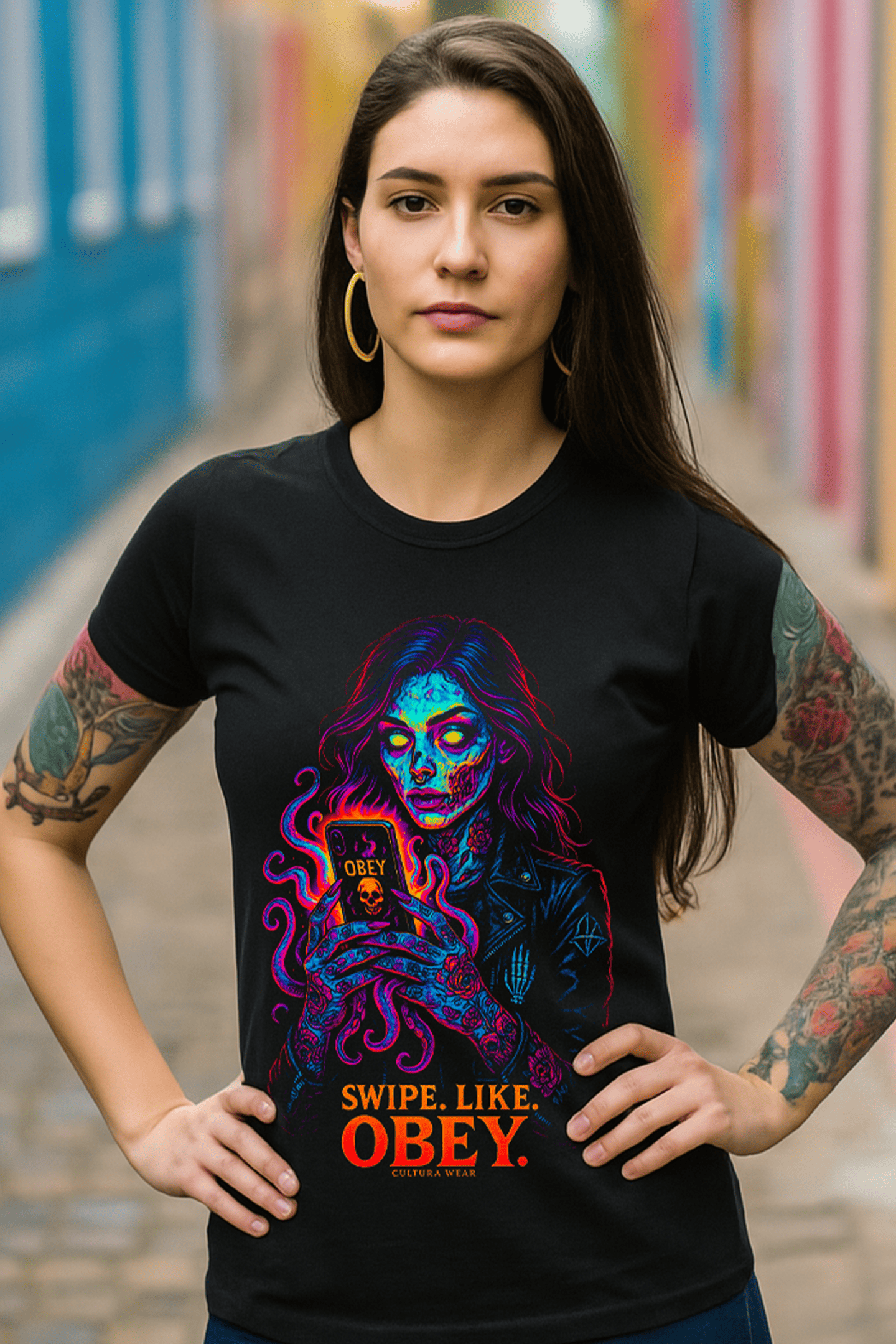 Playera Swipe Like Obey – Arte oscuro contra la adicción digital