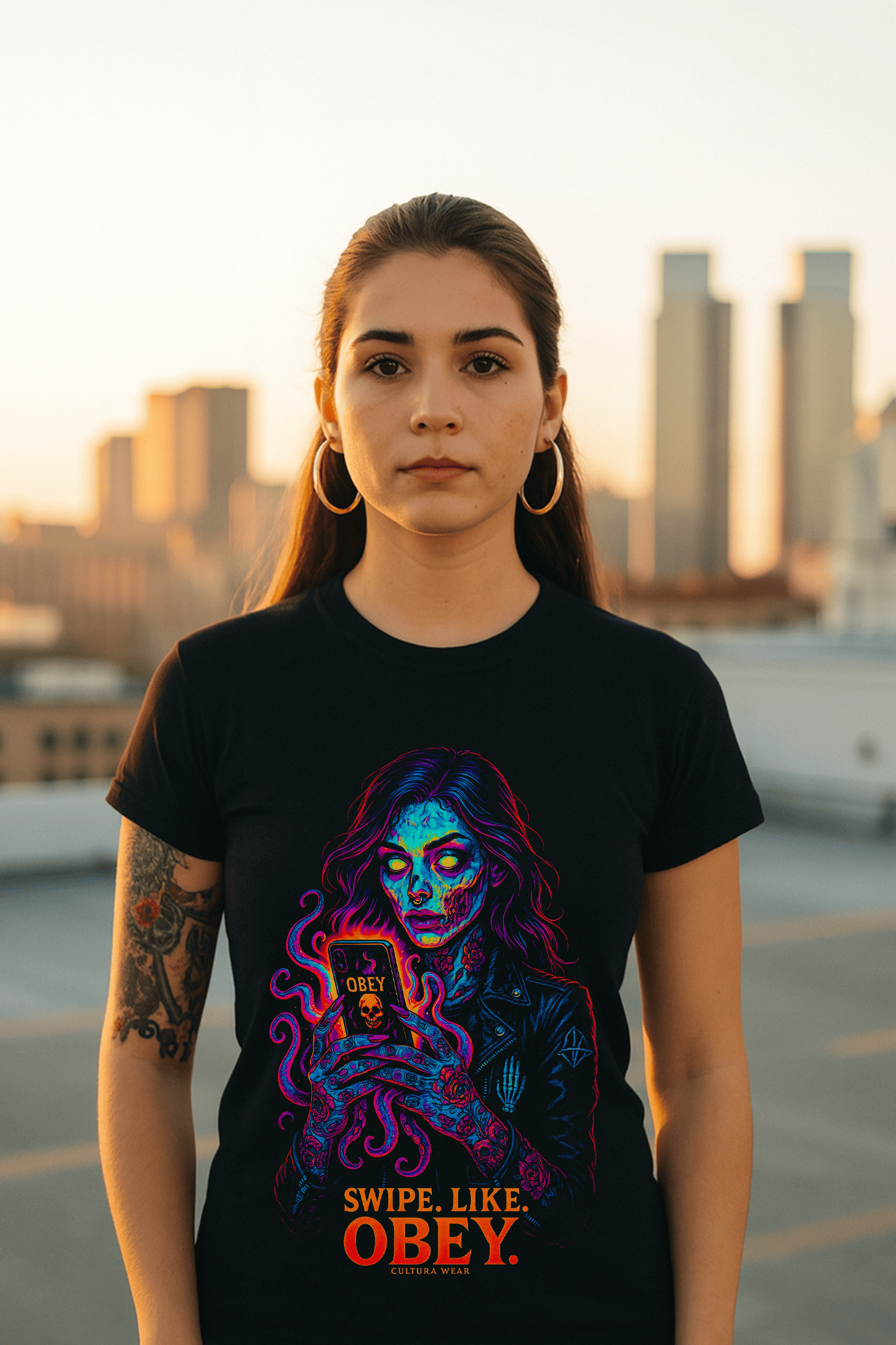 Playera Swipe Like Obey – Arte oscuro contra la adicción digital