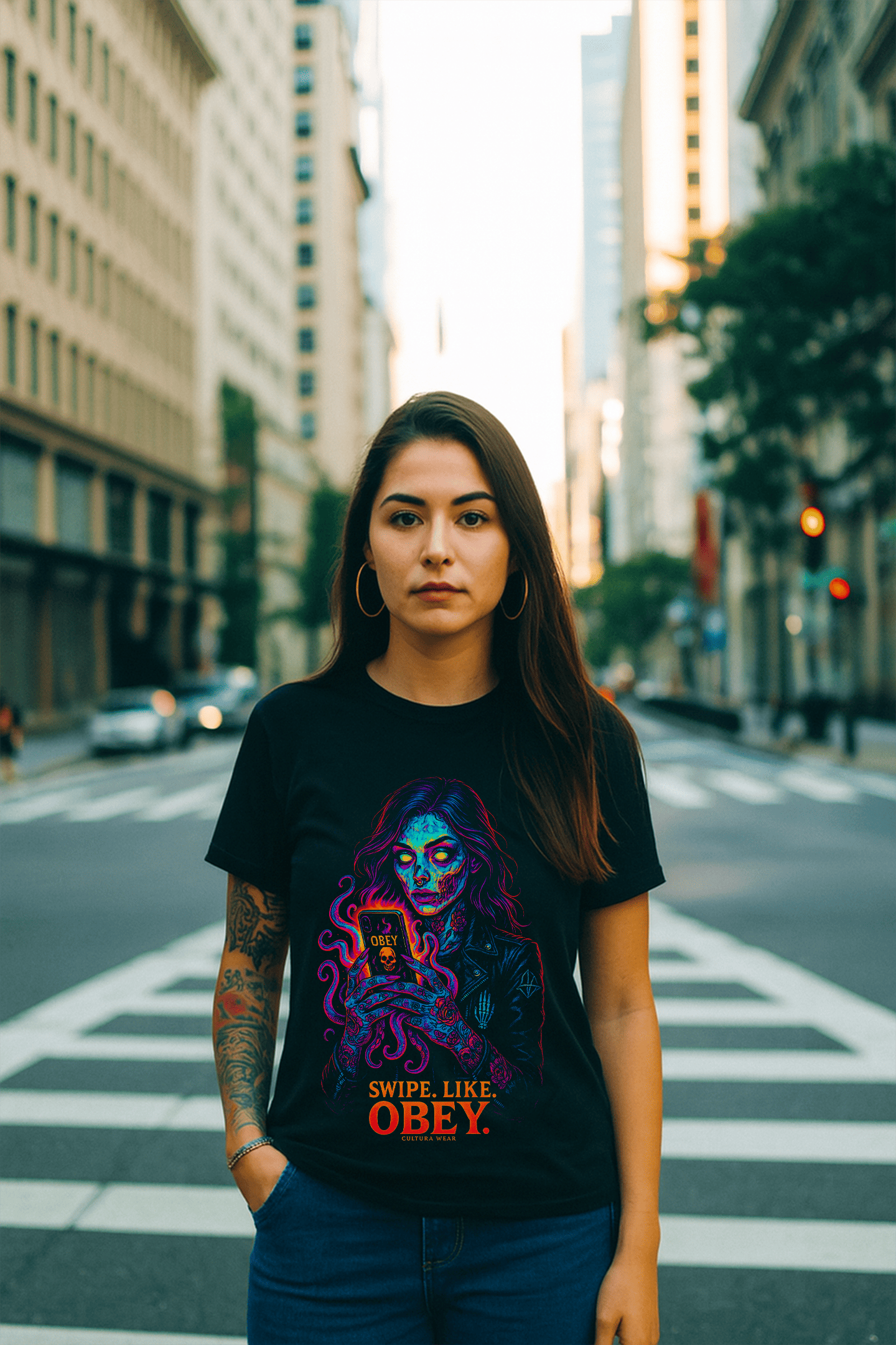Playera Swipe Like Obey – Arte oscuro contra la adicción digital