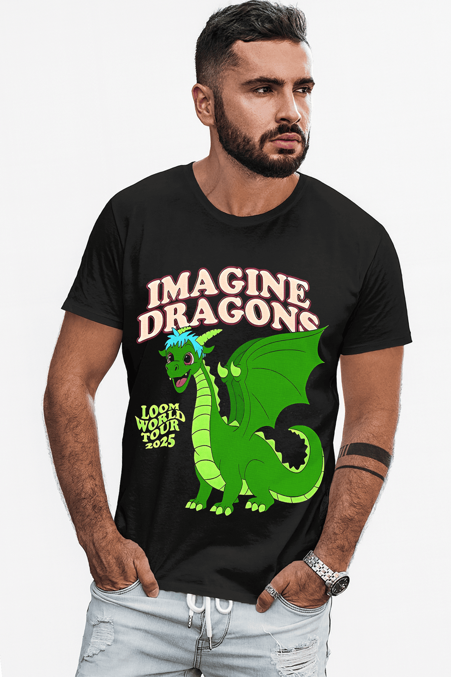 Playera Imagine Dragons – Estilo Retro con Dragón Verde - Loom World Tour 2025