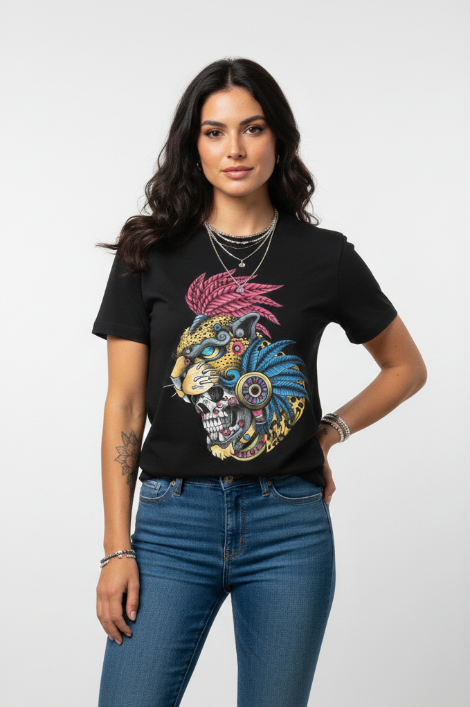 Diseño frontal de playera Mexa Jaguar Ancestral estilo tatuaje mexicano