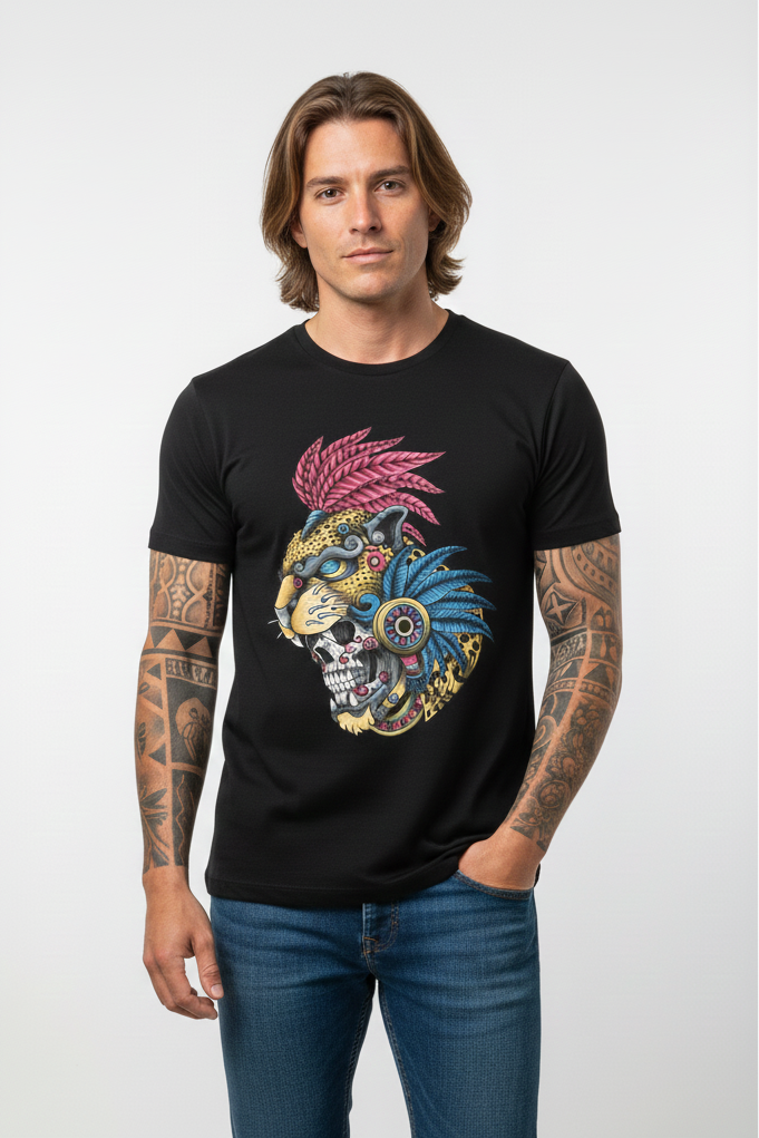 Playera negra Cultura Wear con jaguar ceremonial y cráneo prehispánico