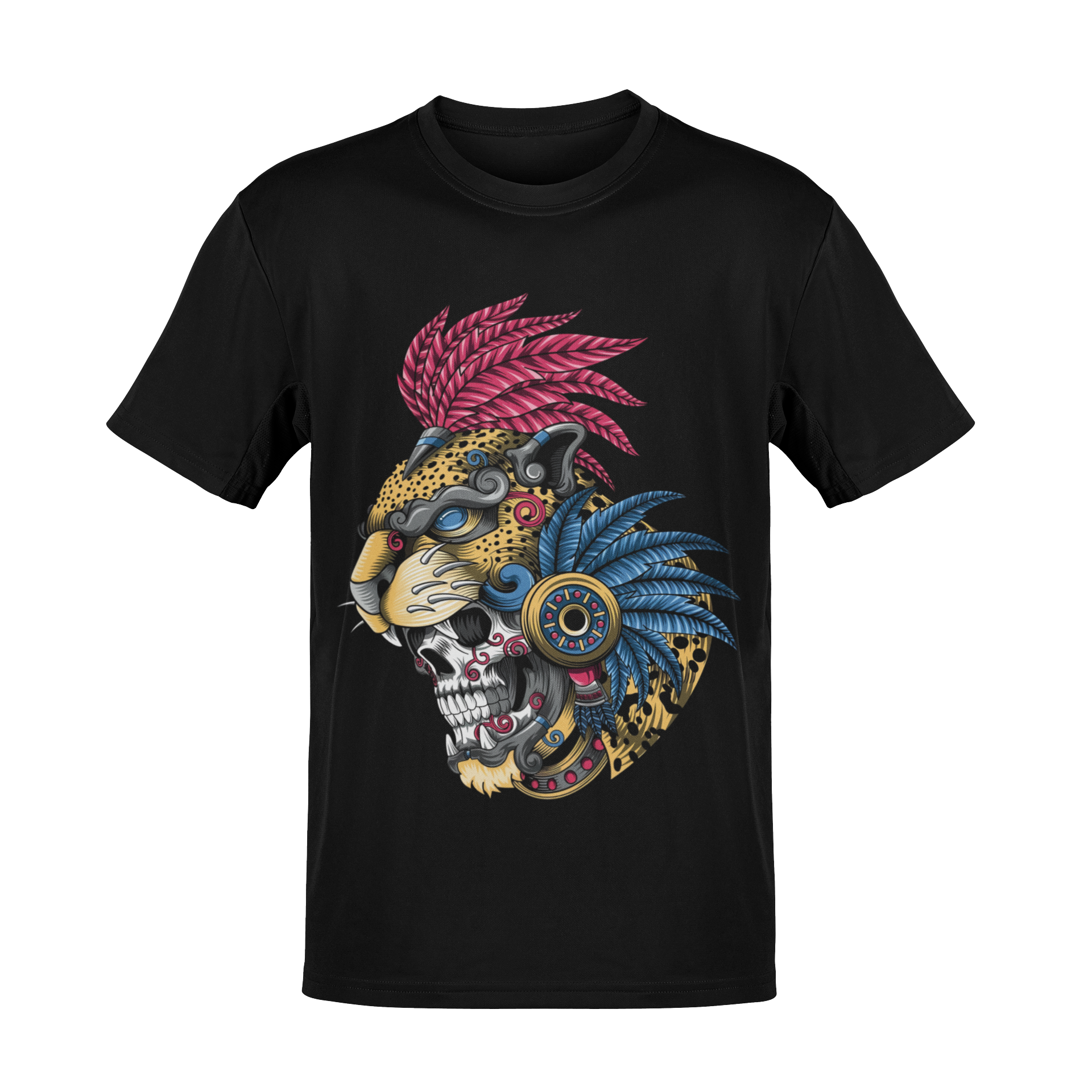 Playera Mexa negra con ilustración de jaguar ritual y penacho ceremonial