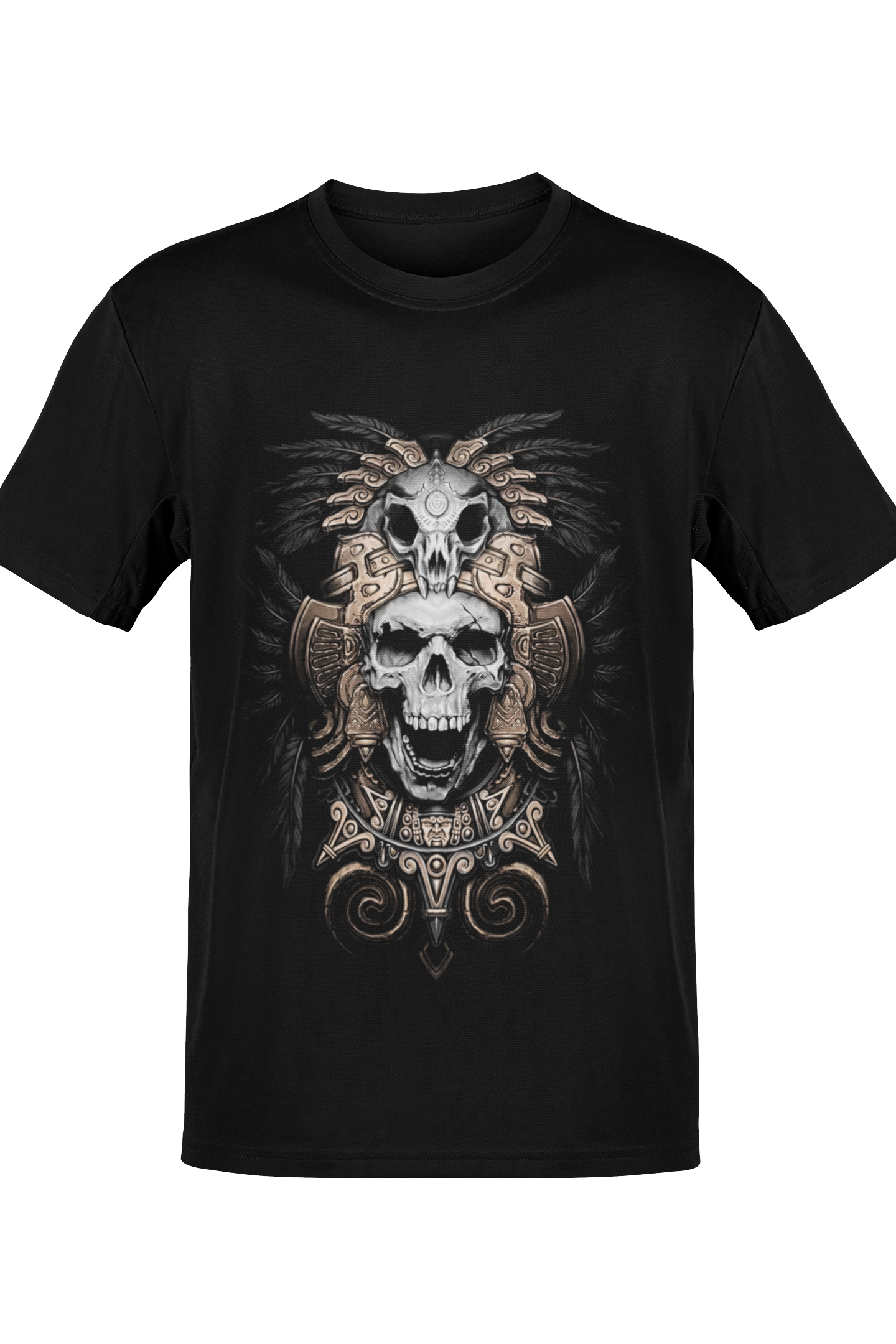 Detalle de ilustración Mexa de doble calavera con arte prehispánico en playera negra