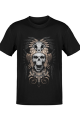 Detalle de ilustración Mexa de doble calavera con arte prehispánico en playera negra