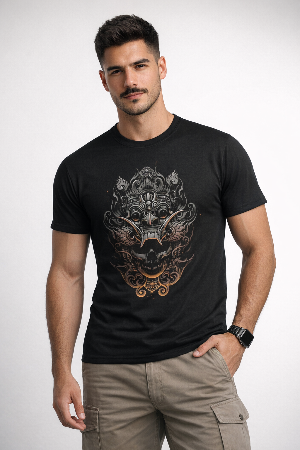 Modelo masculino con playera Mexa negra y arte de guardián ancestral estilo tatuaje mexicano
