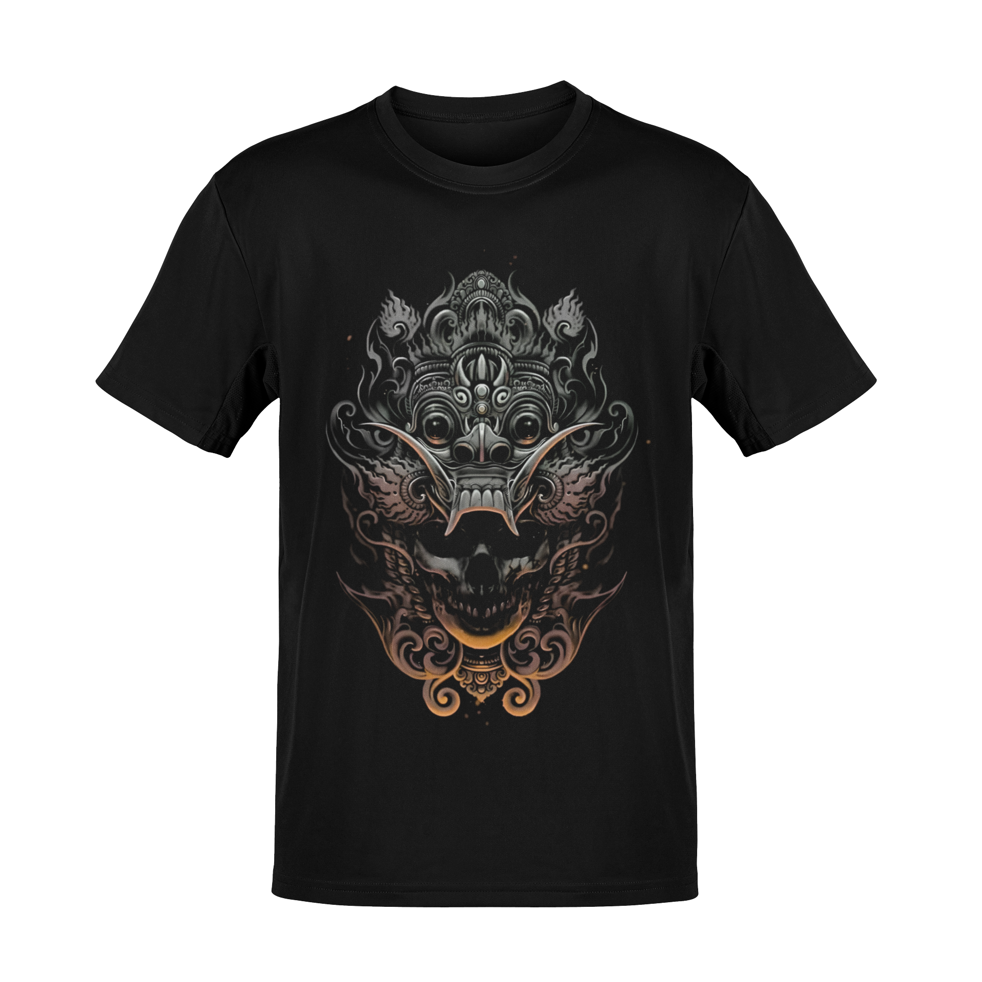 Playera Mexa con ilustración de máscara prehispánica y calavera en estilo dark art mexicano