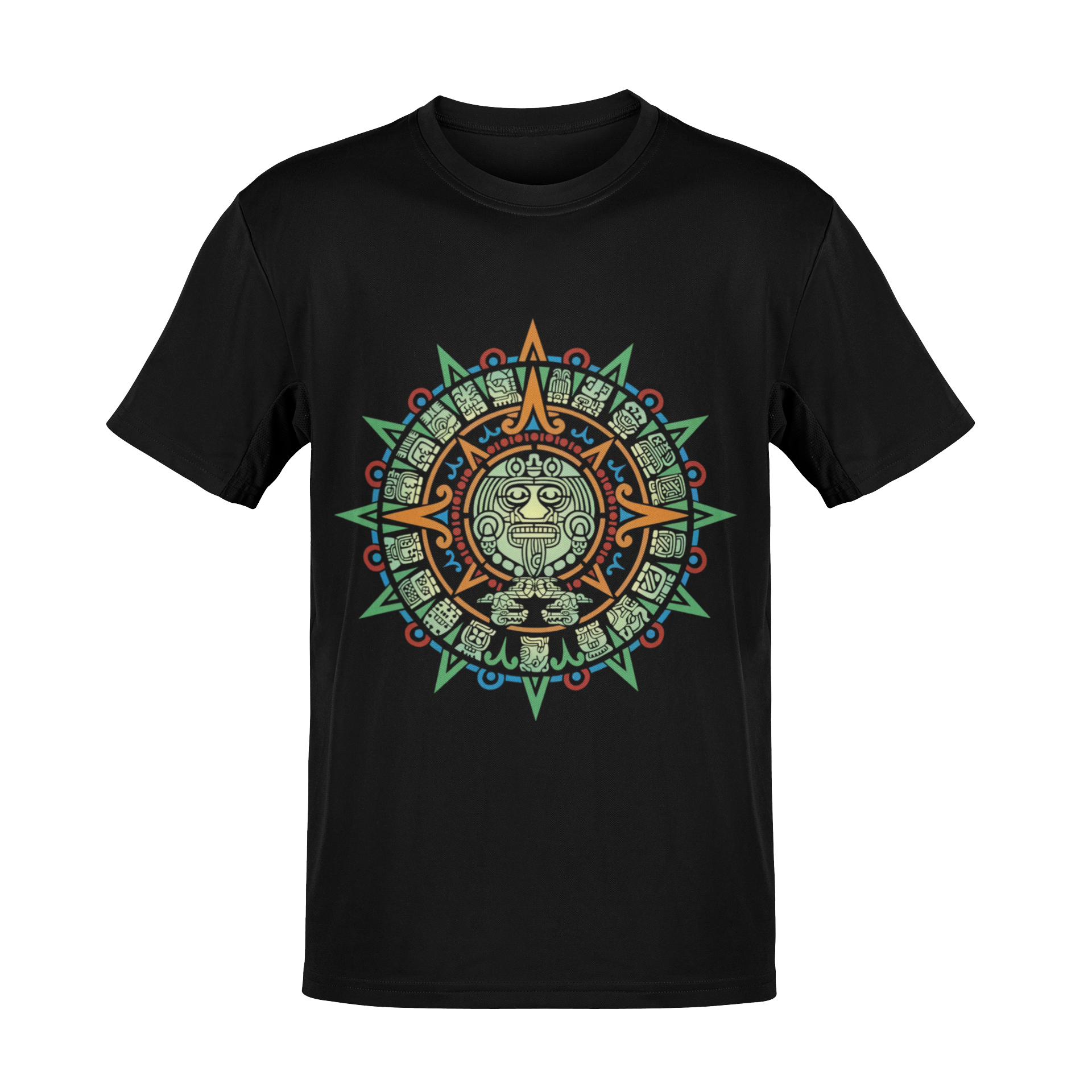 Playera Mexa negra con ilustración solar prehispánica en estilo arte mexicano moderno