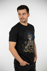Playera negra Cultura Wear con arte mexicano del inframundo prehispánico
