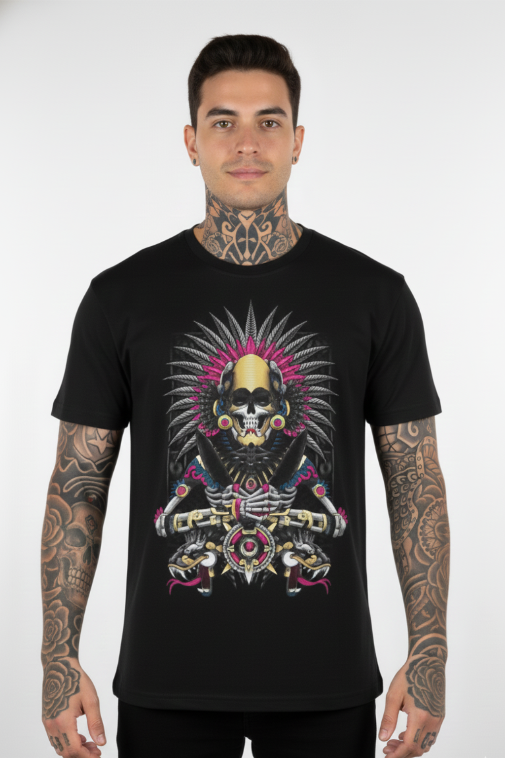 Diseño frontal de playera Mexa Guerrero del Inframundo con arte ceremonial mexicano