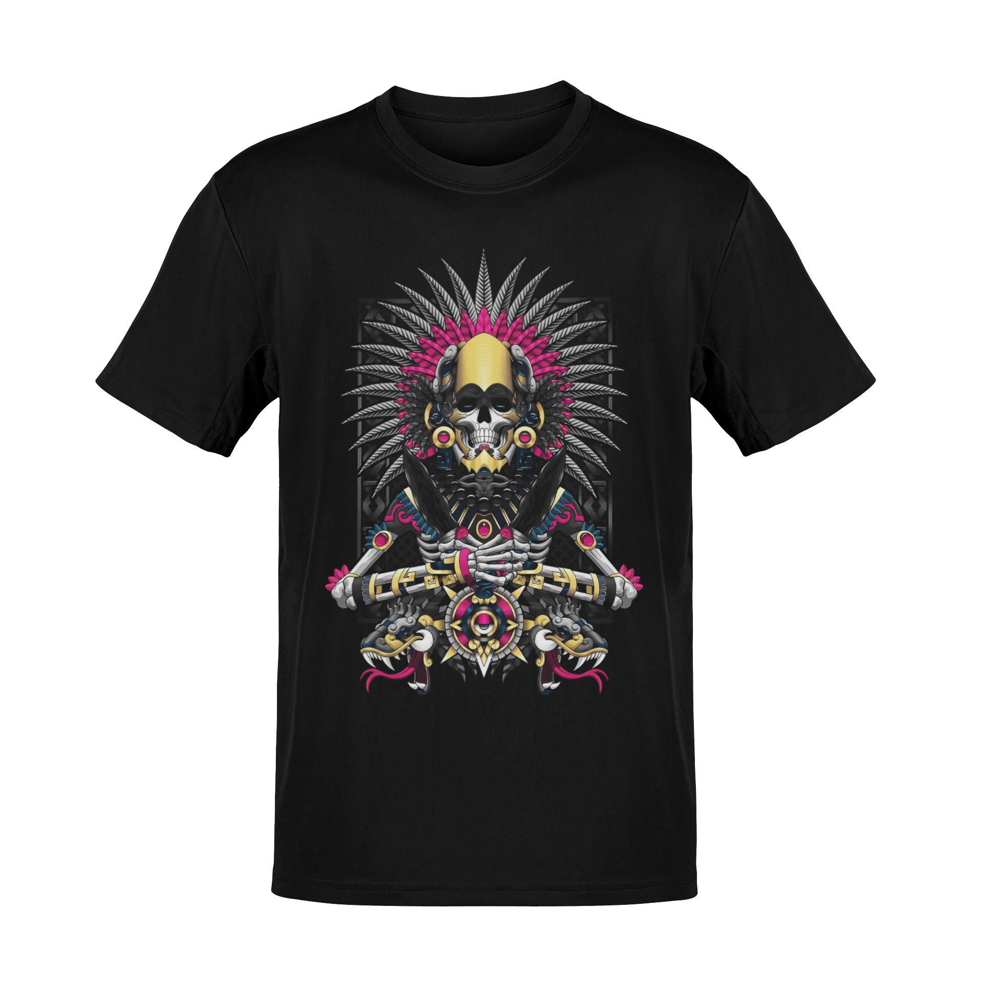 Playera Mexa negra con ilustración de calavera, penacho y cuchillos rituales