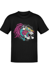 Playera Mexa negra con ilustración de jaguar y grecas prehispánicas coloridas