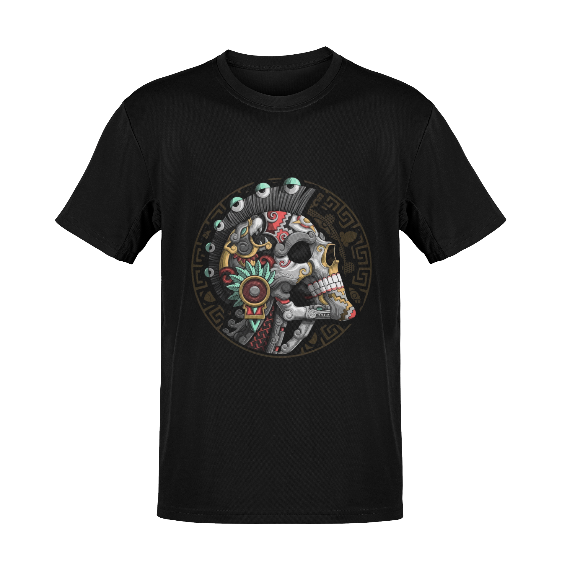 Playera Mexa negra con ilustración circular de cráneo y símbolos ceremoniales