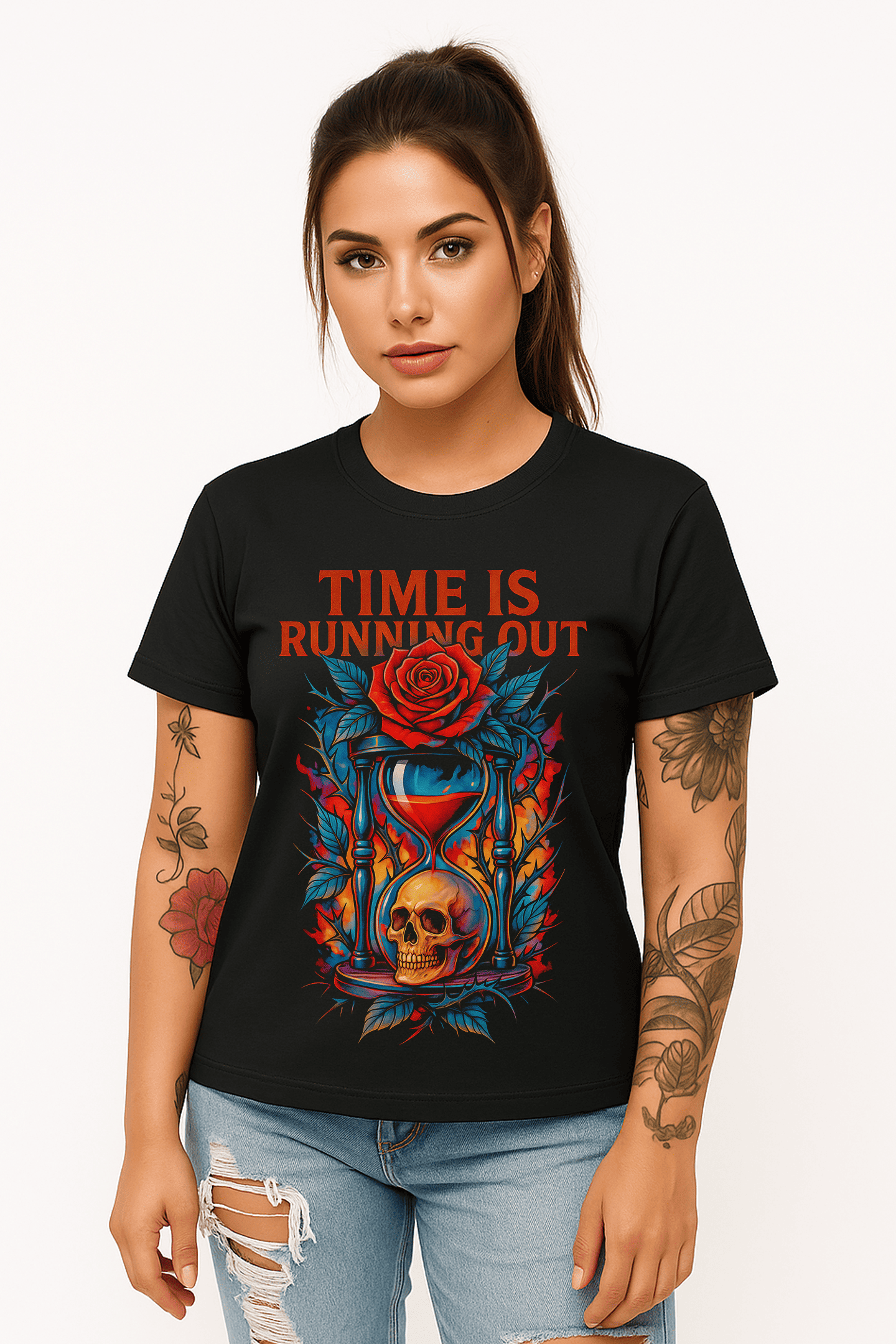 Playera Time Is Running Out – Estilo Gótico y Rockero | Reloj, Fuego y Calavera