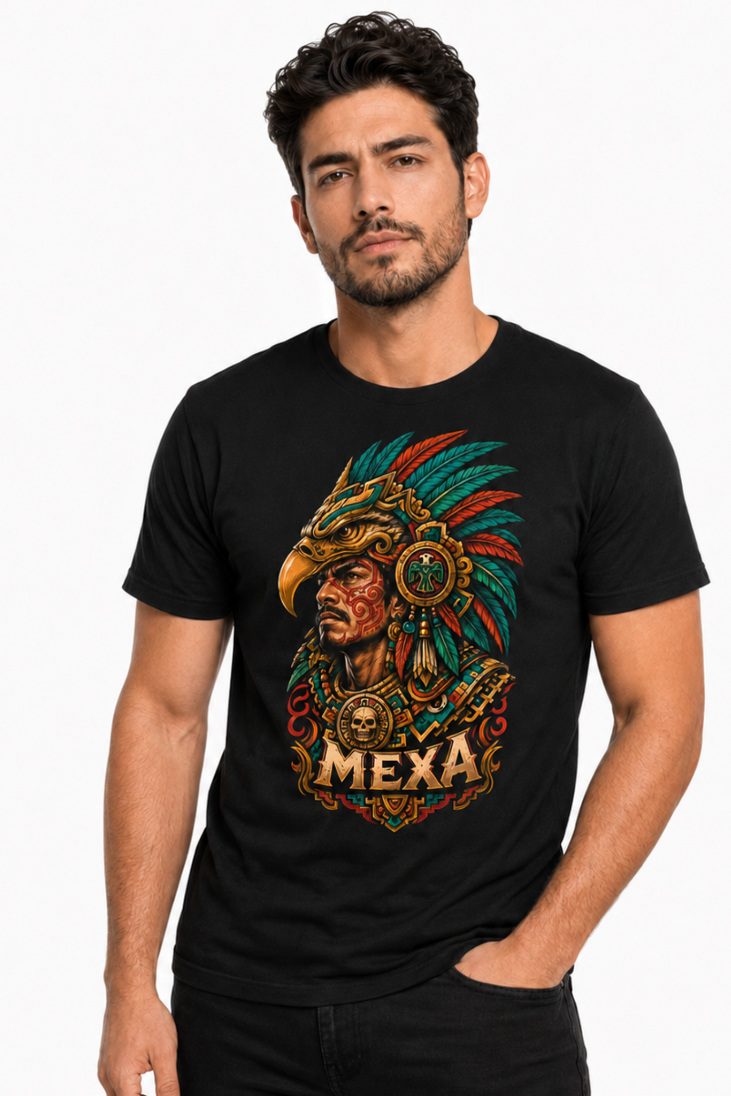 Playera negra MEXA Guerrero Águila para hombre vista frontal