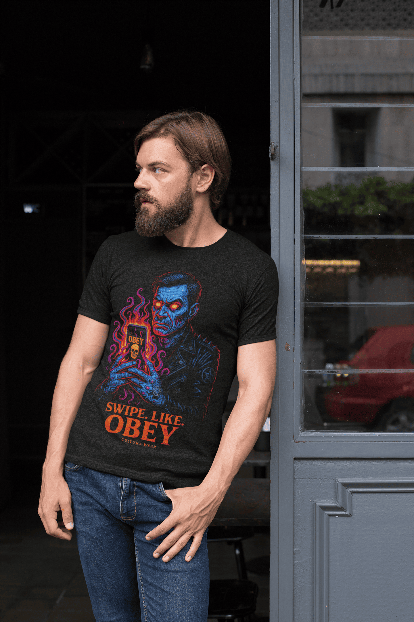 Playera Swipe. Like. Obey –  Crítica al Smartphone en Estilo Dark Art y Tatuaje