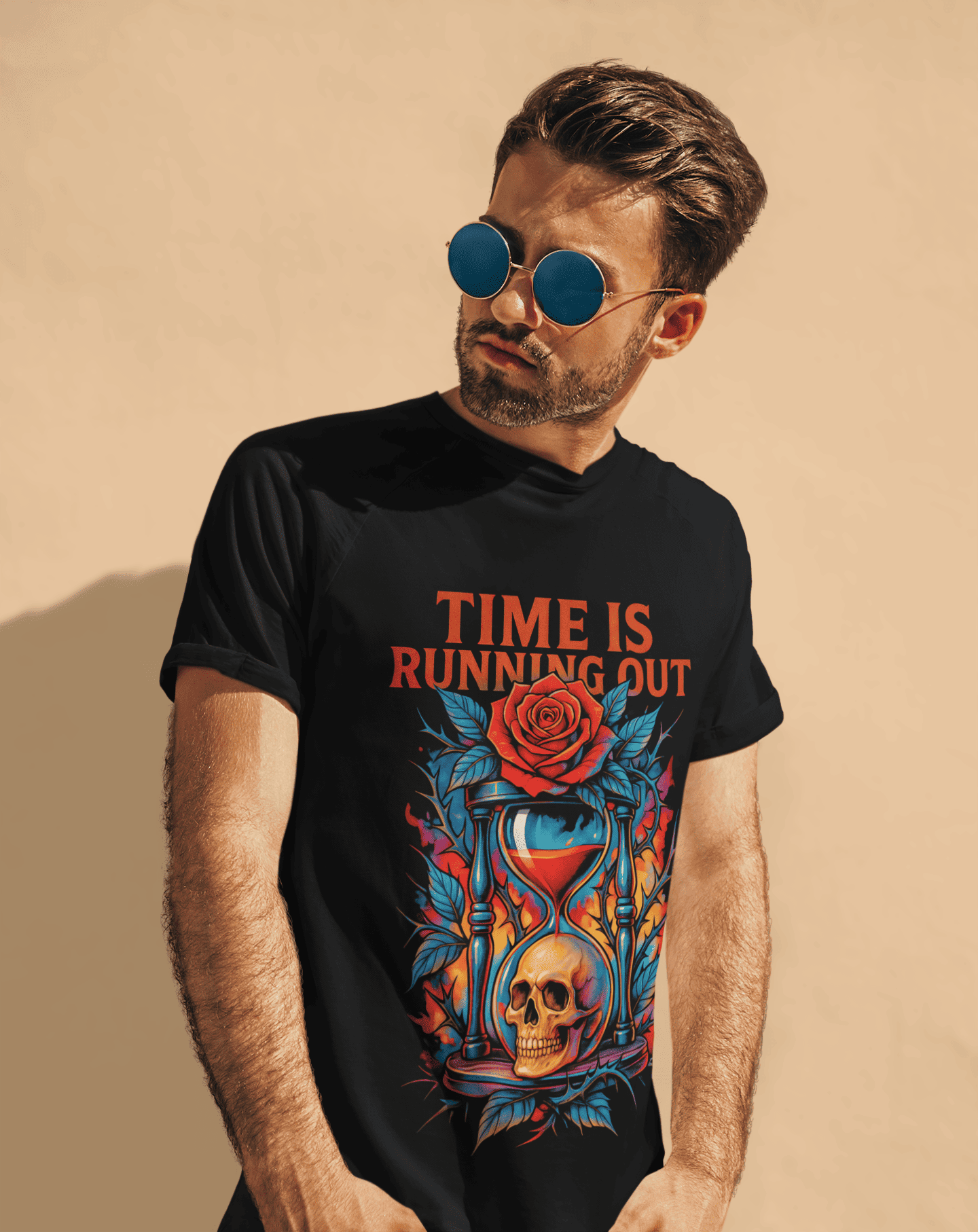 Playera Time Is Running Out – Estilo Gótico y Rockero | Reloj, Fuego y Calavera