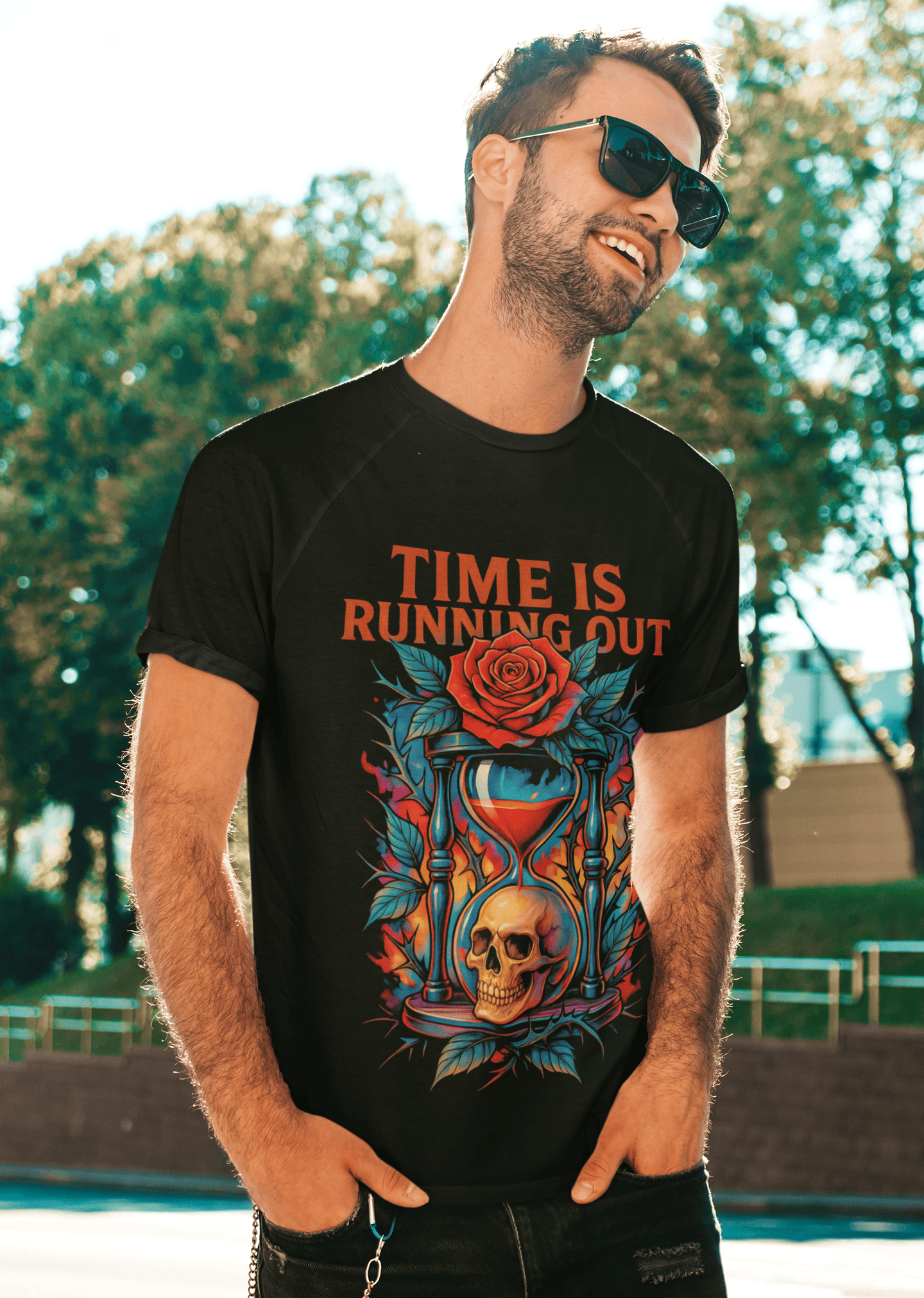 Playera Time Is Running Out – Estilo Gótico y Rockero | Reloj, Fuego y Calavera