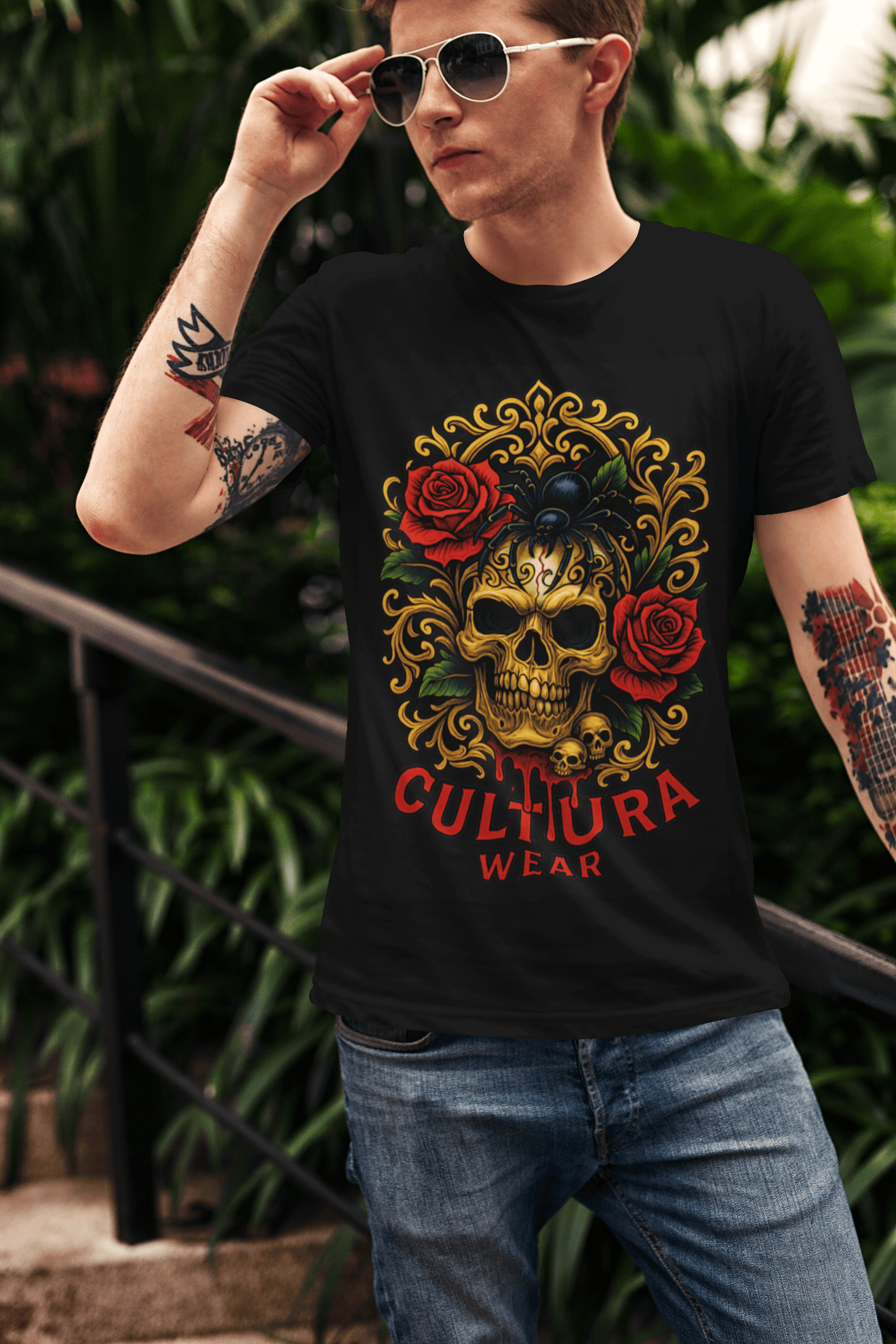 Playera Calavera Dorada & Araña Negra – Estilo Neotradicional