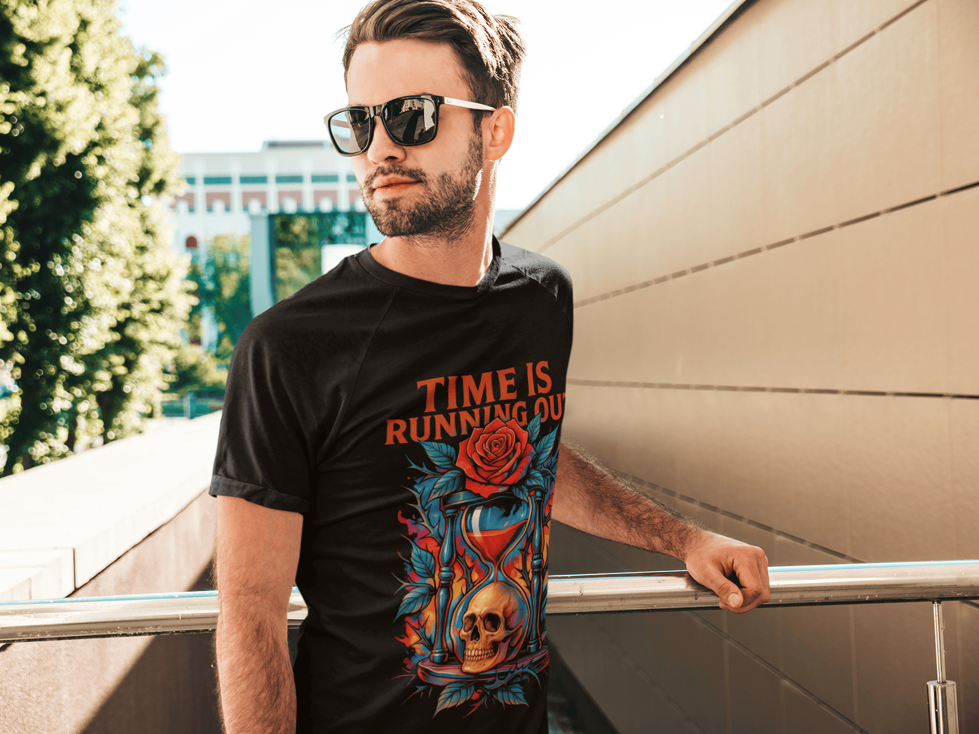 Playera Time Is Running Out – Estilo Gótico y Rockero | Reloj, Fuego y Calavera