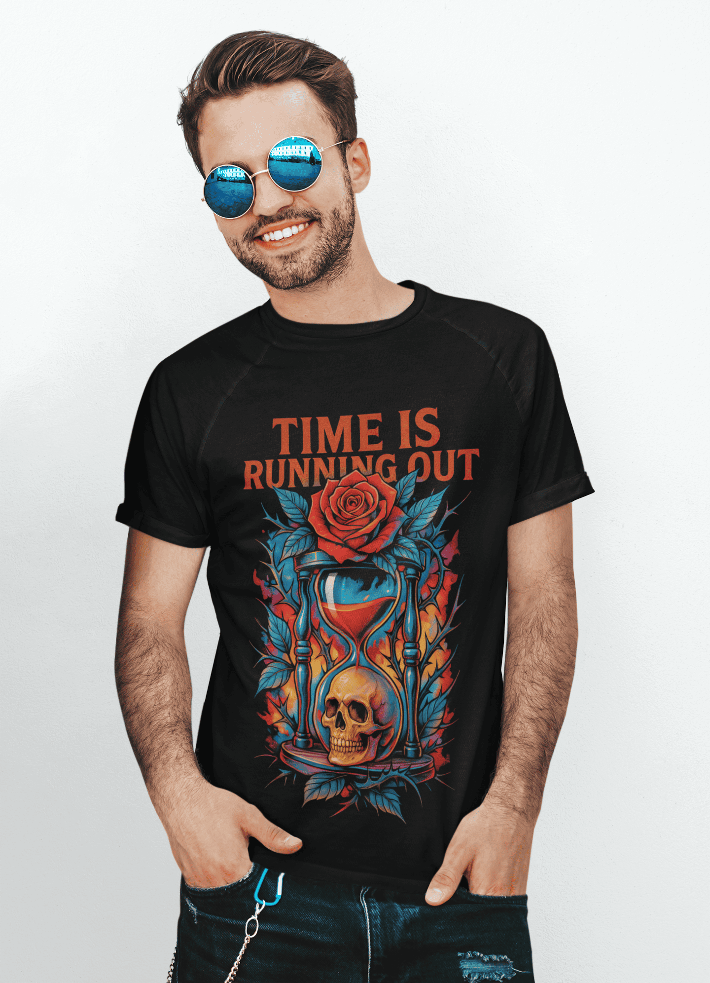 Playera Time Is Running Out – Estilo Gótico y Rockero | Reloj, Fuego y Calavera