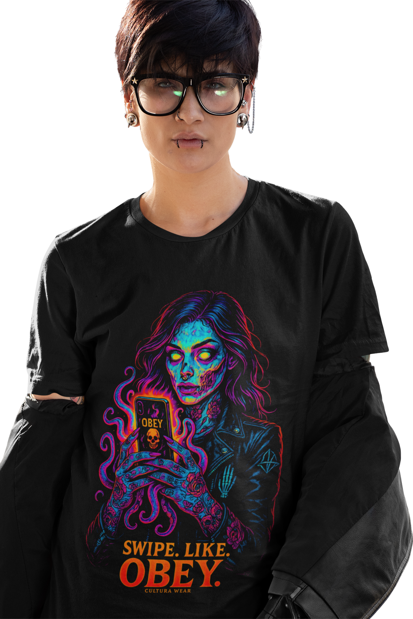 Playera Swipe Like Obey – Arte oscuro contra la adicción digital
