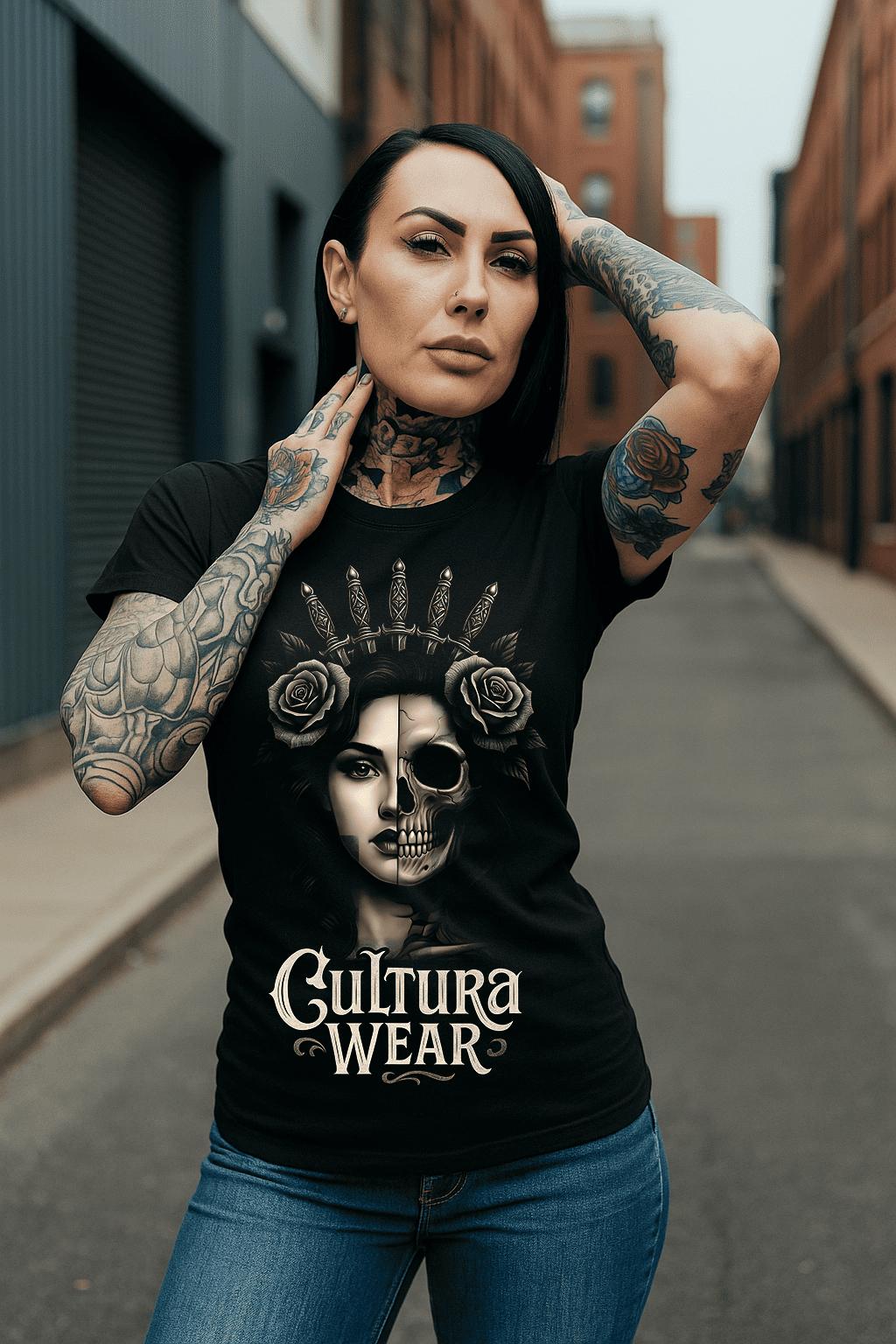 Playera Rostro Dual: Vida y Muerte – Estilo Tattoo Gótico